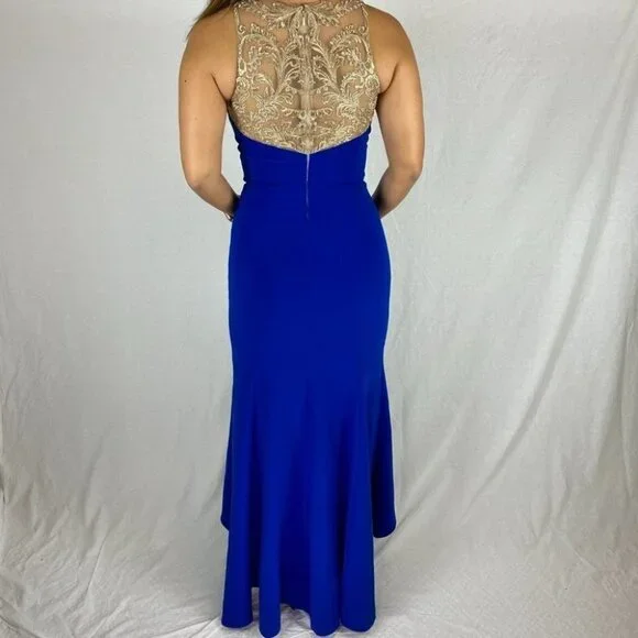 Marchesa Notte Blue Gold Lace Formal Gown $995 - Picture 6 of 11